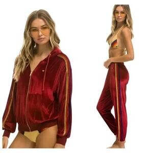 Aviator Nation 5 Stripe Velour Tracksuit Jogger Set Women's Red Size Large